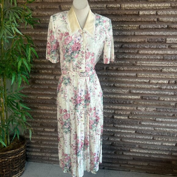 Karin Stevens Vintage 80s Rose Cottage Floral Lace Collar Shirtwaist Dress - Picture 15 of 16